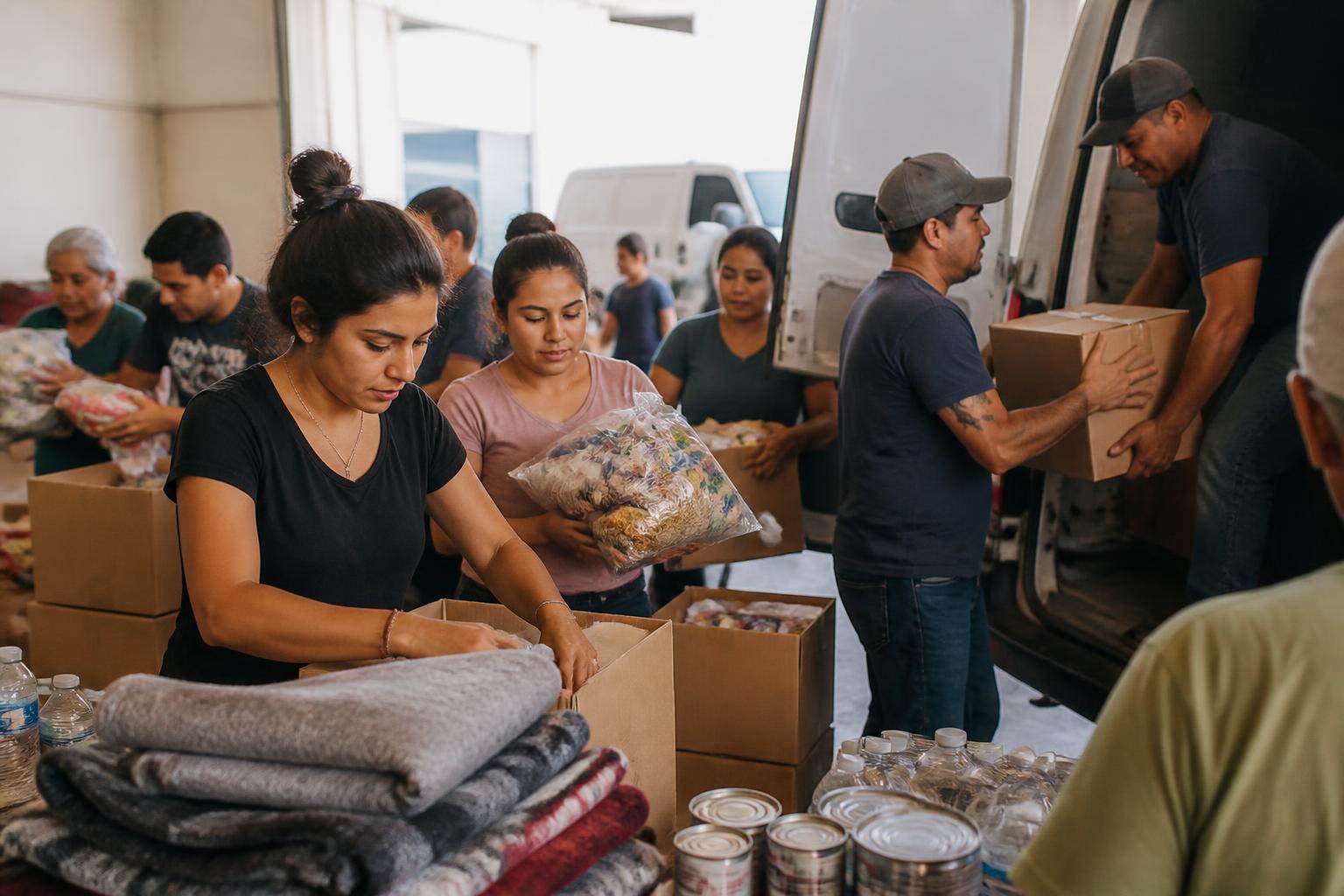Voluntarios clasificando y cargando donaciones para la misión